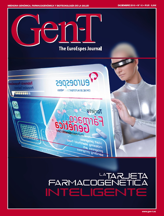 Portada de la revista EuroEspes con temática futurista. Una persona vestida de plata interactúa con una gran pantalla digital transparente en la que se muestra el texto "FARMACOGENÉTICA INTELIGENTE". El fondo es oscuro y lleva un título en rojo.