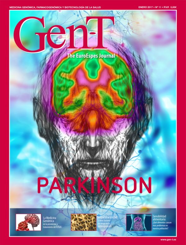 Portada de la revista "GenT" con una representación de estilo psicodélico de una cabeza humana con imágenes cerebrales y vías neuronales. La palabra "Parkinson" aparece en un lugar destacado. La portada incluye varios adelantos de artículos en la parte inferior.
