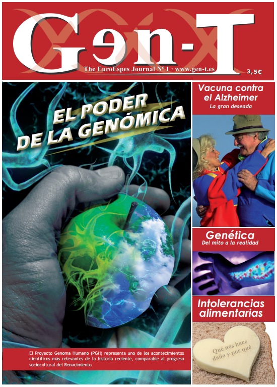 Portada de la revista Gen-T con un artículo titulado "El poder de la genómica". Incluye imágenes de neuronas, una pareja en la playa y varios titulares sobre la vacuna contra el Alzheimer, la genética y las intolerancias alimentarias.