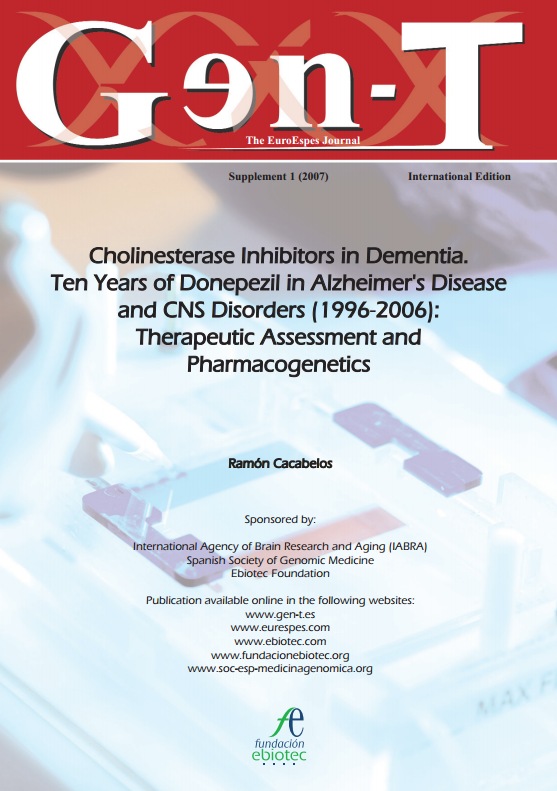 Portada de la revista "Eur J Clin Pharmacol", en la que se incluye un artículo titulado "Inhibidores de la colinesterasa en la demencia", de Ramón Cacabelos, en el que se habla del donepezilo en el Alzheimer y en trastornos del sistema nervioso central. Patrocinado por IABRA y otras fundaciones.