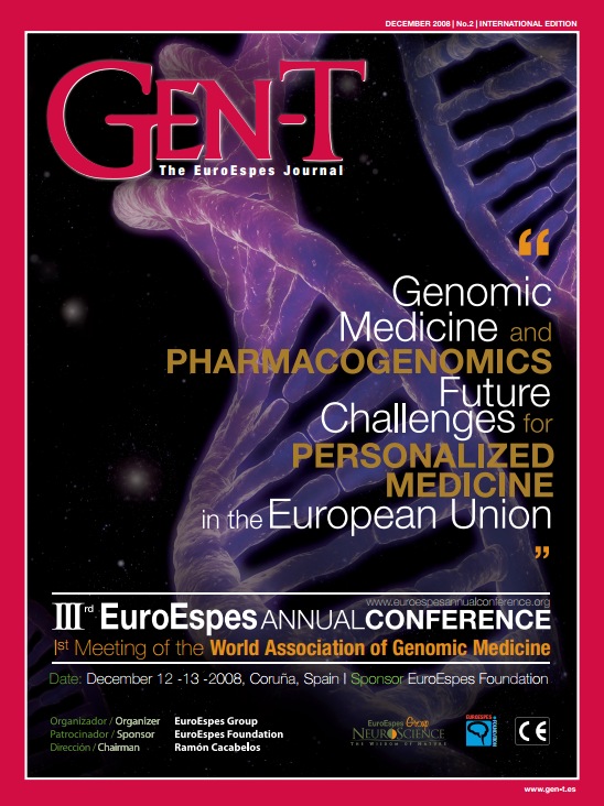 Portada de la revista Gen-T EuroEspes Journal con una imagen de cadenas de ADN. El texto destaca temas de genómica y farmacogenómica, desafíos para la medicina personalizada e información sobre la Conferencia Anual de EuroEspes en España, diciembre de 2008.