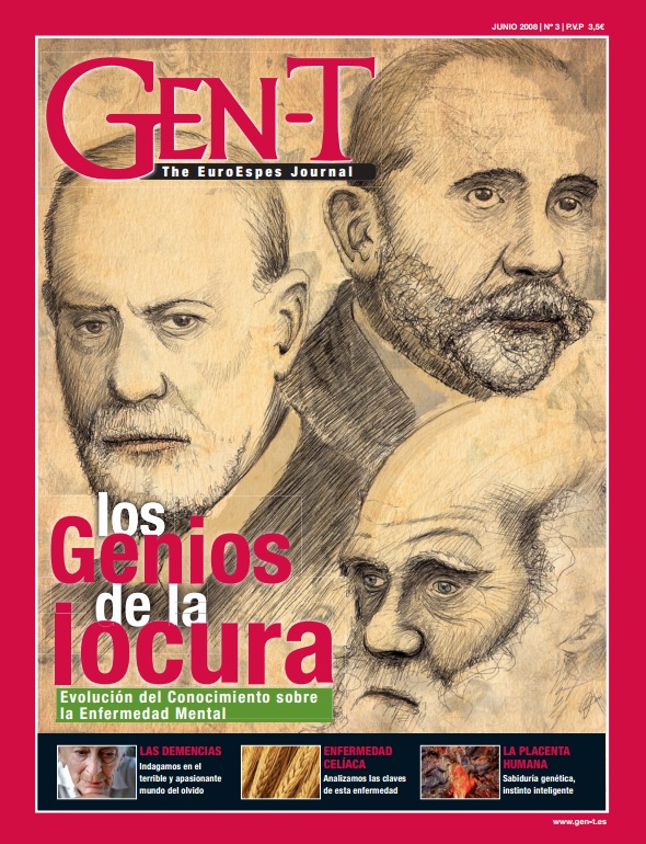 Portada de revista titulada "Gen-T" con bocetos de personajes históricos. El texto principal dice "Los genios de la locura" y se centra en las enfermedades mentales. Varios subtítulos tratan temas como la demencia y la investigación sobre la placenta humana.