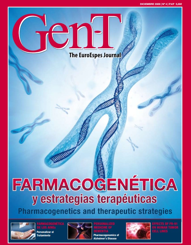 Portada de la revista GenT con una gran ilustración de una cadena de ADN. Título: "FARMACOGENÉTICA y estrategias terapéuticas". Incluye imágenes más pequeñas relacionadas con la investigación médica y las estrategias de tratamiento. Publicada en diciembre de 2009.