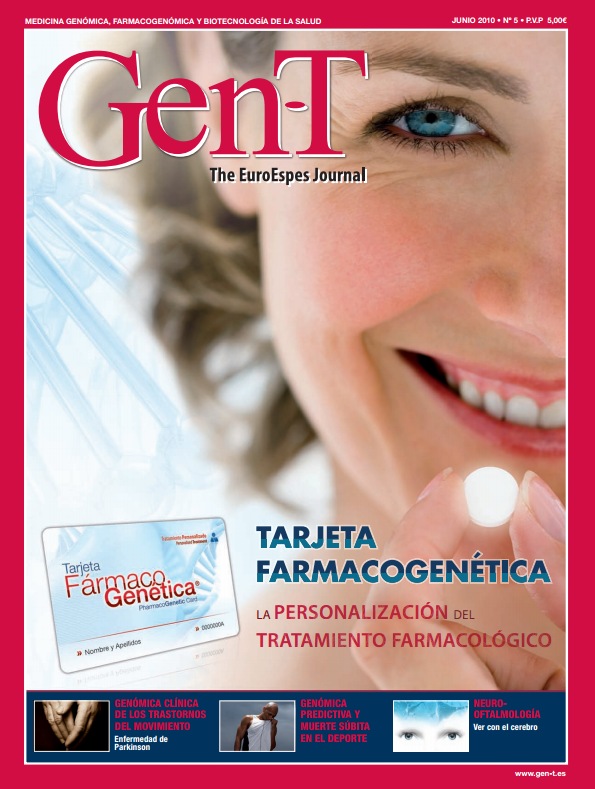 Portada de la revista "GenT" en la que se ve en primer plano a una persona sonriente que sostiene una pastilla blanca. El titular principal trata sobre farmacogenética. A continuación se muestran imágenes más pequeñas relacionadas con la genética y la medicina personalizada.