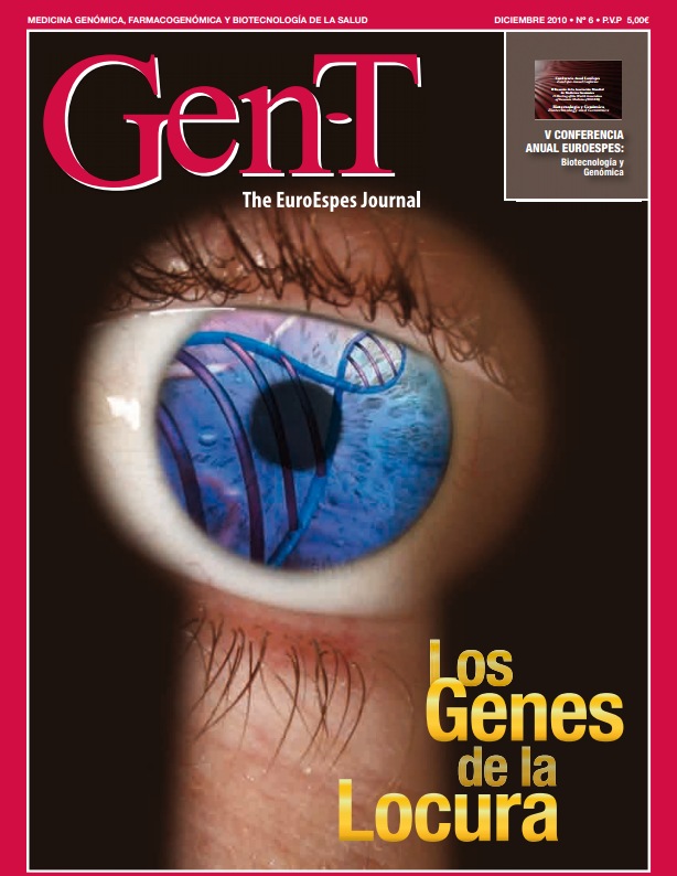 Primer plano de un ojo con el reflejo de una hebra de ADN en la pupila. En la portada de la revista se puede leer "GenT - The EuroEspes Journal". A la derecha, el texto dice "Los Genes de la Locura". En un pequeño folleto se anuncia la V Conferencia Anual EuroEspes.