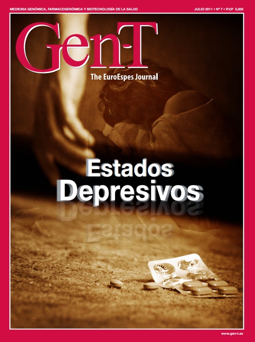 Portada de la revista GenT con una imagen en tono sepia de una persona sentada con la cabeza agachada. En primer plano, se encuentran dispersos paquetes de medicamentos y pastillas. El texto dice "Estados Depresivos".