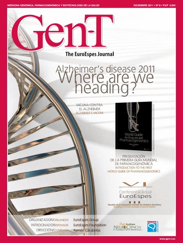 Portada de la revista GenT Journal, que muestra una cadena de ADN y un texto que analiza la enfermedad de Alzheimer en 2011. Incluye detalles sobre una conferencia y el lanzamiento de la Guía mundial de farmacogenómica. Diseño predominantemente rojo y blanco.