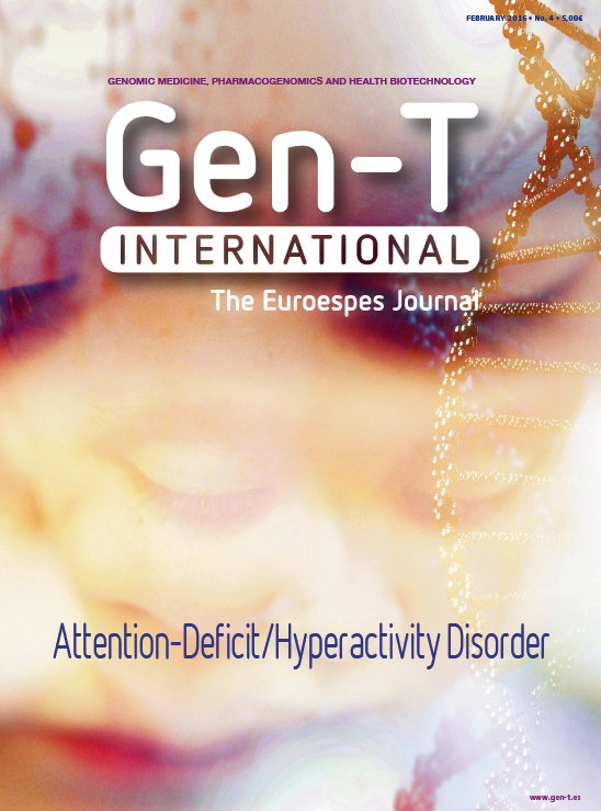 Portada de la revista Gen-T International que presenta temas sobre medicina genómica y TDAH. La imagen borrosa incluye formas abstractas y una cadena de ADN, con un texto que destaca "Trastorno por déficit de atención e hiperactividad".