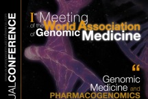 Póster con el texto “1ª Reunión de la Asociación Mundial de Medicina Genómica: Medicina Genómica y Farmacogenómica”. Presenta como imagen de fondo una cadena de ADN.