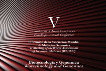 Fondo abstracto con líneas diagonales y detalles del congreso en español e inglés correspondiente al V Congreso Anual de EuroEspes, centrado en Biotecnología y Genómica en Medicina.