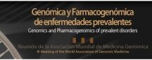 Banner con el texto: "Genómica y Farmacogenómica de enfermedades prevalentes / Genomics and Pharmacogenomics of prevalent diseases. II Meeting of the World Association of Genomic Medicine" sobre un fondo oscuro con una visión parcial de una hélice de ADN.