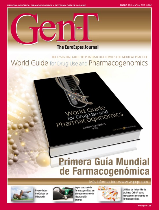 Portada de la revista GenT con la "Guía mundial sobre el uso de medicamentos y la farmacogenómica". La portada muestra un libro y una cadena de ADN sobre un fondo rojo brillante. El texto en español promociona la guía como el primer recurso mundial sobre farmacogenómica.