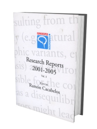 La imagen muestra un libro titulado "Reports of Research 2001-2005, Vol. 3", cuyo autor es Ramón Cacabelos. El libro se encuentra en posición vertical, con una cubierta blanca que presenta un logotipo azul y rojo en la parte superior.