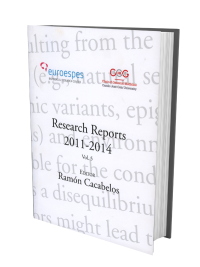 Libro titulado "Reportajes de investigación 2011-2014 Vol. 4", editado por Ramón Cacabelos. En la portada aparecen los logotipos de EuroEspes y GBG. El fondo tiene textos superpuestos y poco definidos.