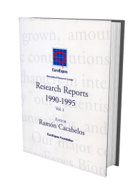 Representación tridimensional de un libro inclinado hacia un lado. En la portada se lee "Informes de investigación 1990-1995 Vol. 1", editado por Ramón Cacabelos, con el logotipo de EonoExpo en la parte superior.