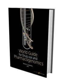 Representación tridimensional de un libro titulado "Guía mundial sobre el uso de medicamentos y la farmacogenómica" que se centra en una cadena de ADN. La cubierta es principalmente negra y presenta un diseño estilizado de hélice de ADN metálica. El editor aparece como Ramón Cacabelos.