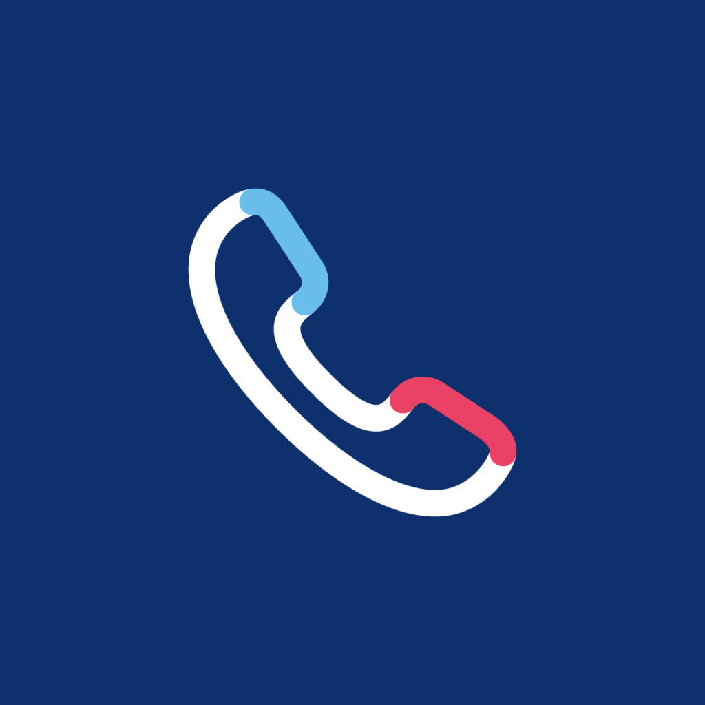 Un icono de un auricular de teléfono blanco con un degradado azul y rojo en los extremos reposa sobre un fondo azul oscuro sólido, lo que simboliza una innovación de vanguardia muy similar a los avances en la tecnología de detección genética.