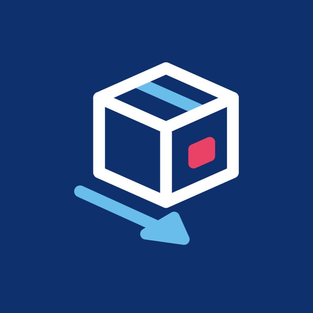 Icono de una caja de cartón blanca con detalles en azul y rojo sobre un fondo azul oscuro. Debajo de ella, una flecha azul claro apunta hacia abajo y hacia la derecha, lo que sugiere movimiento o entrega, similar al meticuloso proceso de selección genética que garantiza la precisión en cada paso.
