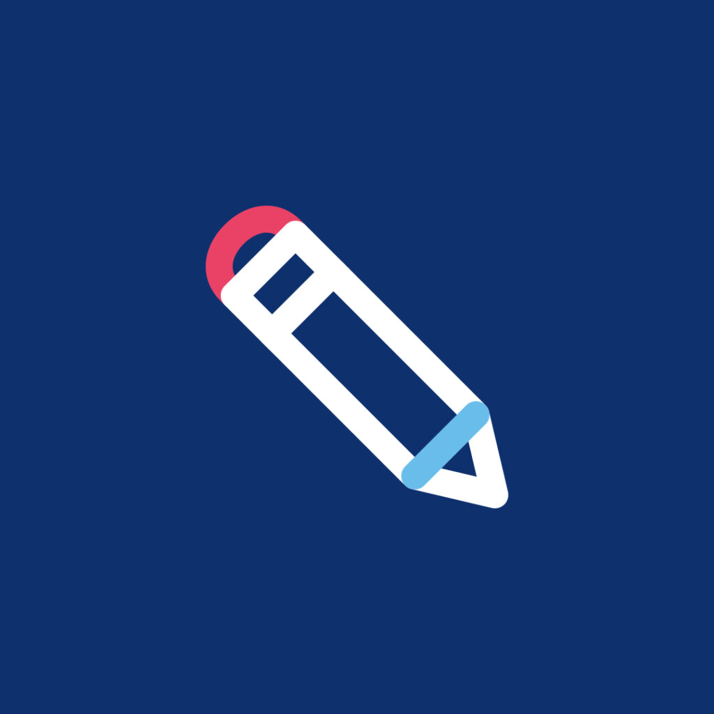 Ilustración de un icono de lápiz estilizado sobre un fondo azul oscuro, que recuerda a las herramientas utilizadas en Screening Genético. El lápiz está representado en blanco con una goma roja y una punta azul claro, inclinado en diagonal hacia la izquierda.