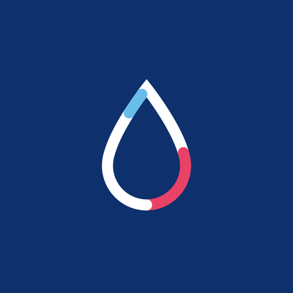 Una gota de agua estilizada delineada en blanco sobre un fondo azul oscuro simboliza los matices intrincados de Screening Genético. La gota presenta segmentos de color azul claro en la parte superior izquierda y rojo en la parte inferior derecha, que simbolizan complejidad y precisión.