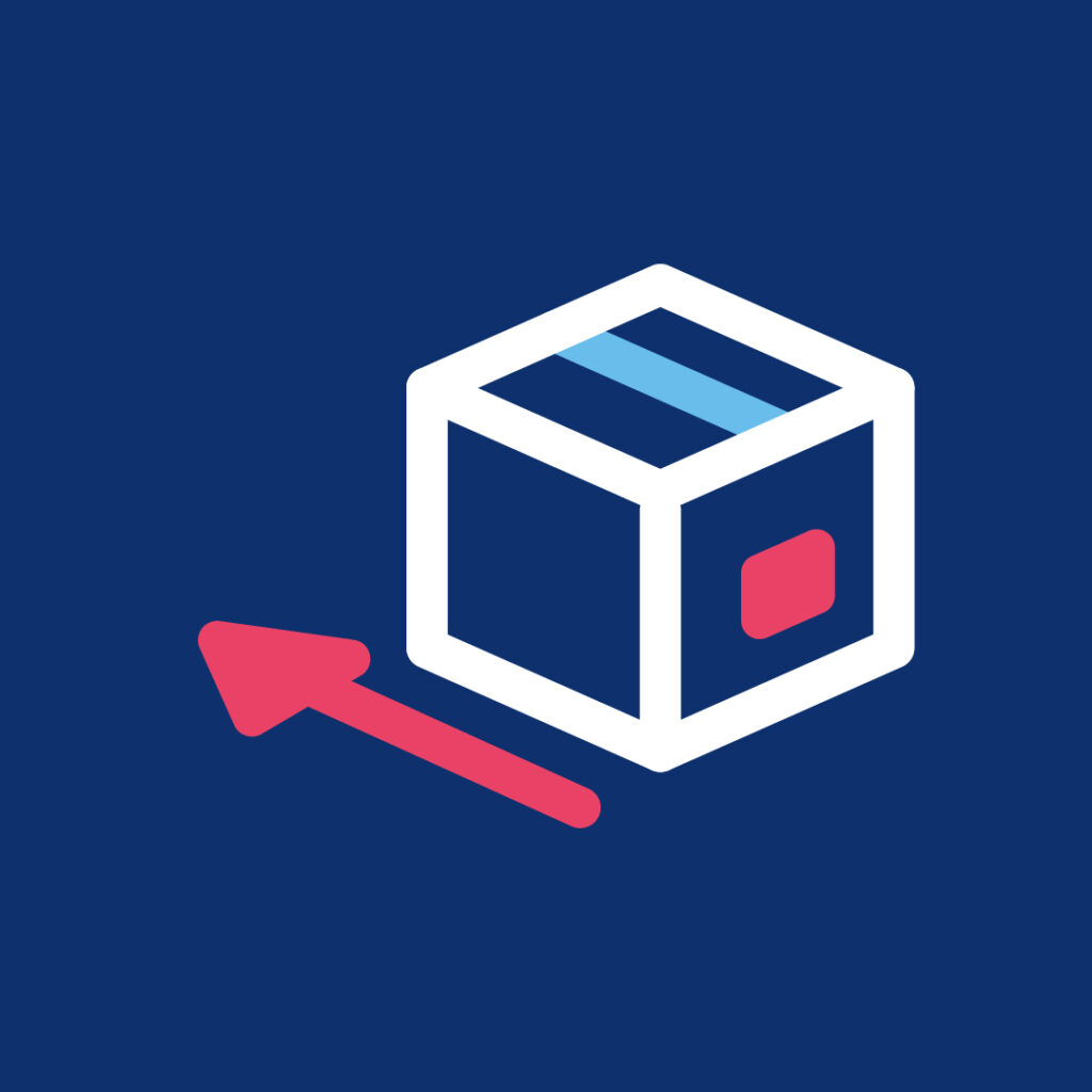 Icono de una caja de envío blanca con detalles en azul y rojo sobre un fondo azul oscuro. Una flecha roja apunta hacia la caja, lo que sugiere movimiento o envío, muy similar a la precisión de Screening Genético, que garantiza la exactitud en cada paso.