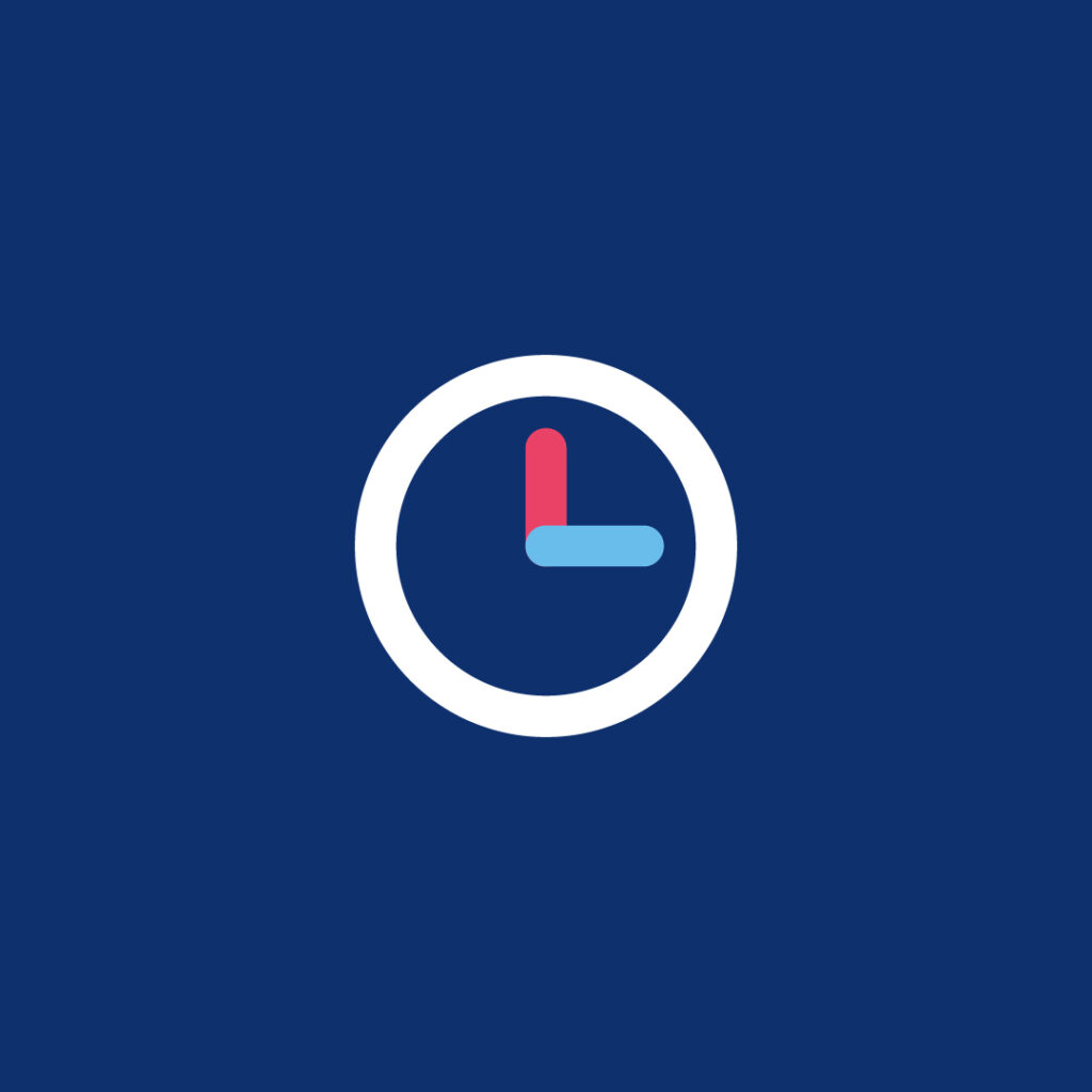 Un icono de reloj minimalista con un contorno circular blanco sobre un fondo azul oscuro evoca la precisión del cribado genético. Las manecillas del reloj, representadas en rojo y azul, realzan este diseño simple pero moderno.