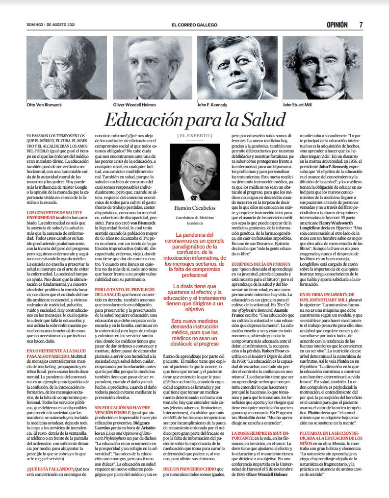 La página de opinión del periódico, "Educación para la Salud", presenta textos y cinco retratos en blanco y negro, entre los que se incluyen figuras como Otto von Bismarck y John F. Kennedy. El artículo profundiza en los conceptos cruciales de la educación para la salud.