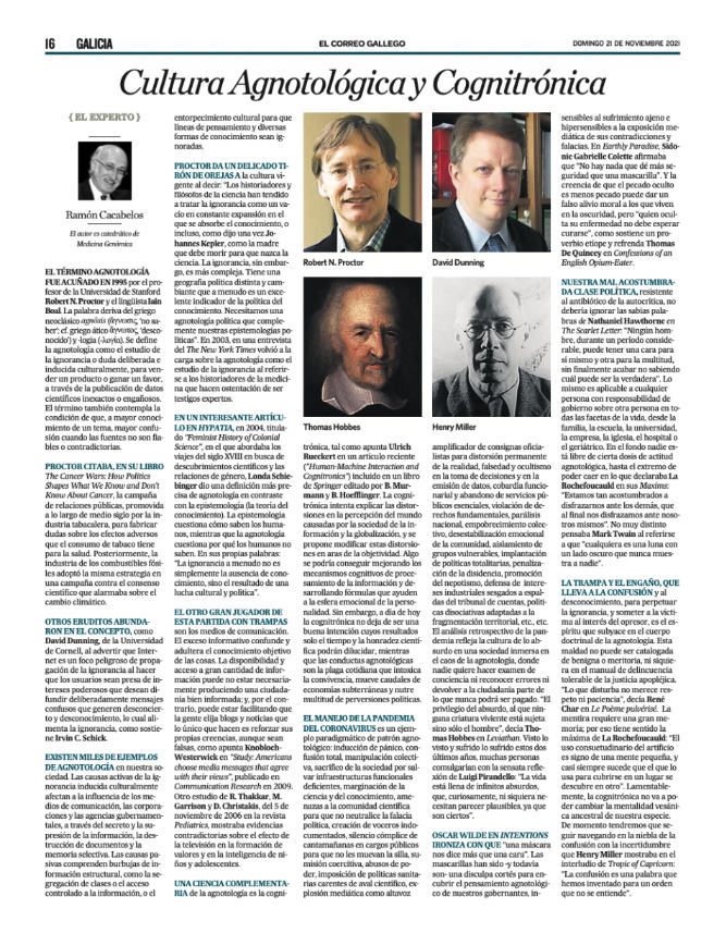 Una página de un periódico español titulada "Cultura Agnotológica y Cognitrónica" muestra columnas de texto junto a pequeñas fotografías de rostros de figuras notables como Robert N. Proctor, David Dunning, Thomas Hobbes y Henry Miller, profundizando en los intrincados reinos del conocimiento y la percepción.