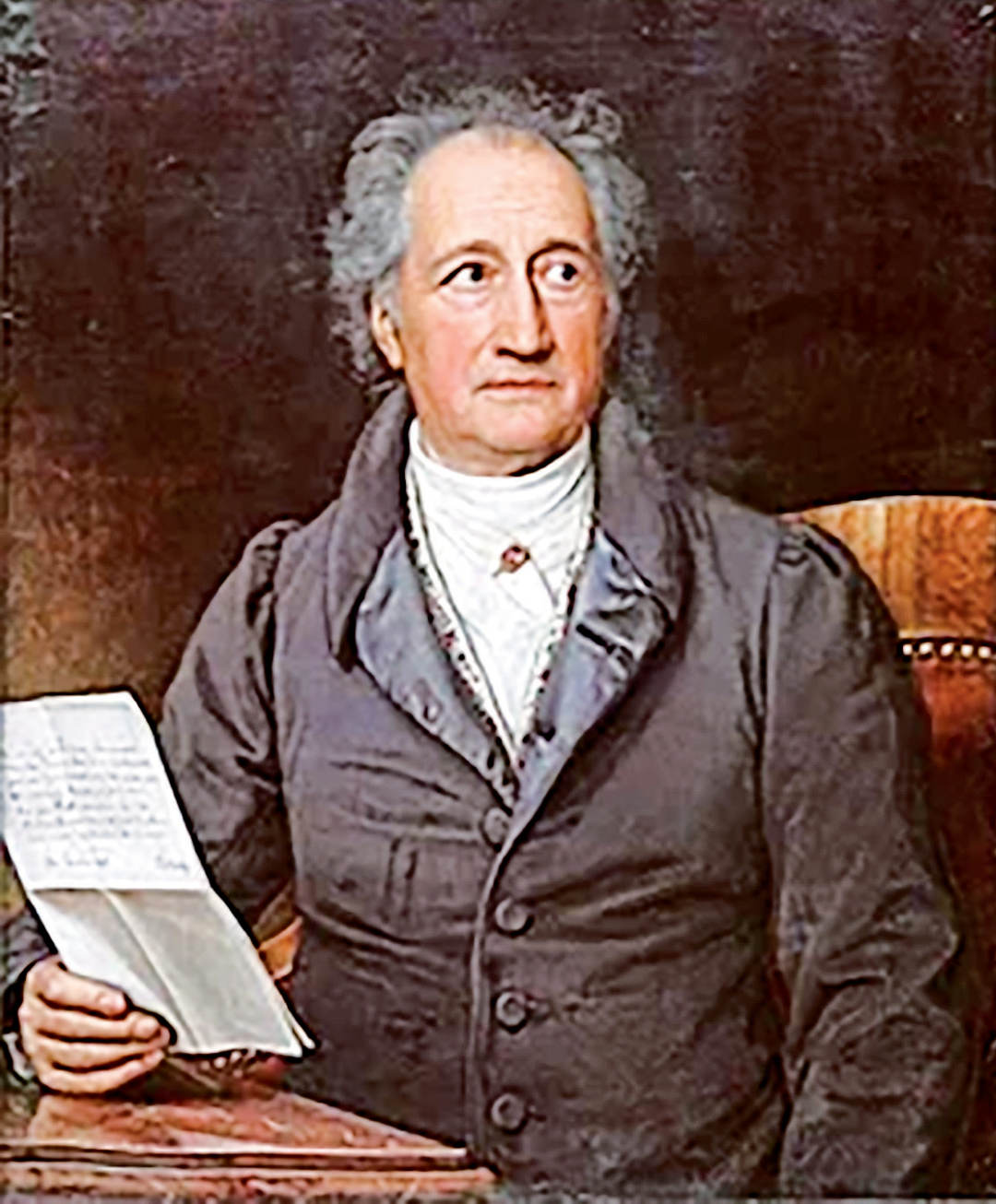 Retrato histórico de un hombre mayor, de pelo gris, sentado y sosteniendo una carta en su mano derecha. Lleva un traje oscuro con una camisa blanca y corbata. Su expresión es pensativa y está sentado sobre un fondo oscuro.