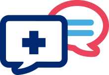 Una burbuja de diálogo azul con una cruz médica blanca se superpone a una burbuja delineada en rojo con líneas azules, lo que indica comunicación sobre temas médicos o de salud, como pruebas para detectar Parkinson.
