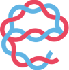 Un diseño abstracto de cintas rojas y azules entrelazadas, que recuerdan las complejas vías involucradas en las pruebas para detectar el Parkinson, forma una forma circular irregular sobre un fondo blanco.