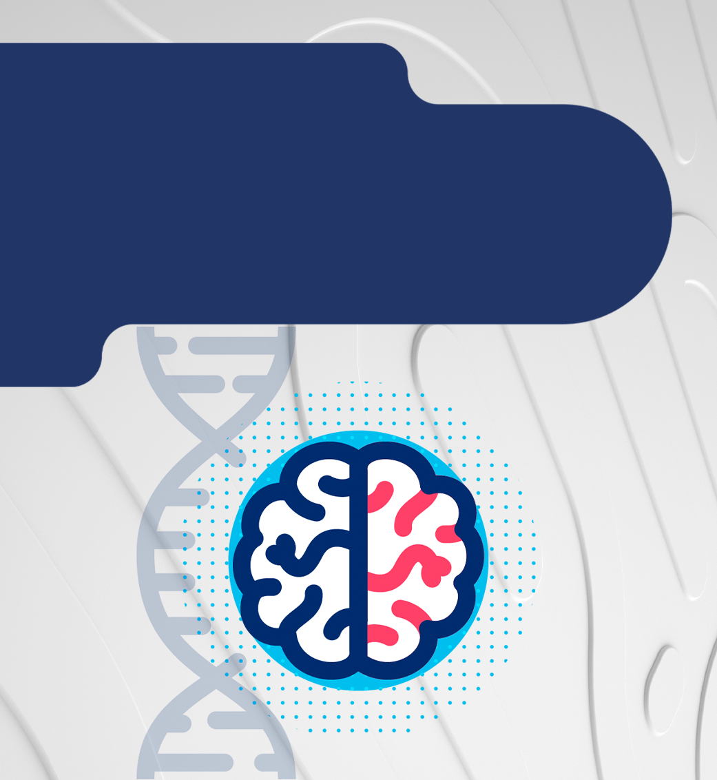 Una ilustración abstracta de un cerebro, con la mitad en azul y la otra en rosa, complementa las pruebas para detectar el Parkinson. Está colocada sobre una cadena de ADN estilizada sobre un fondo blanco con patrones ondulados y un rectángulo redondeado de color azul oscuro en la parte superior.