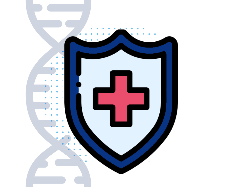 Ilustración de un escudo con una cruz roja en el centro, superpuesto a un gráfico estilizado de una cadena de ADN. El escudo significa protección y salud, mientras que la cadena de ADN subraya Servicios Médicos en temas médicos o genéticos.