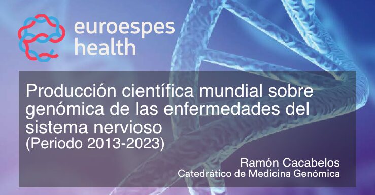 La imagen muestra un gráfico promocional de una presentación científica de Euroespes Salud. Dice: "Producción científica mundial sobre genómica de las enfermedades del sistema nervioso (Periodo 2013-2023)" por Ramón Cacabelos, Catedrático de Medicina Genómica.