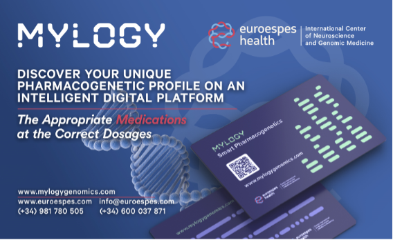 La imagen muestra material promocional de Mylogy, una plataforma digital de Euroespes Health. Muestra tarjetas farmacogenéticas inteligentes, datos de contacto y destaca soluciones de medicación personalizadas con dosis correctas.