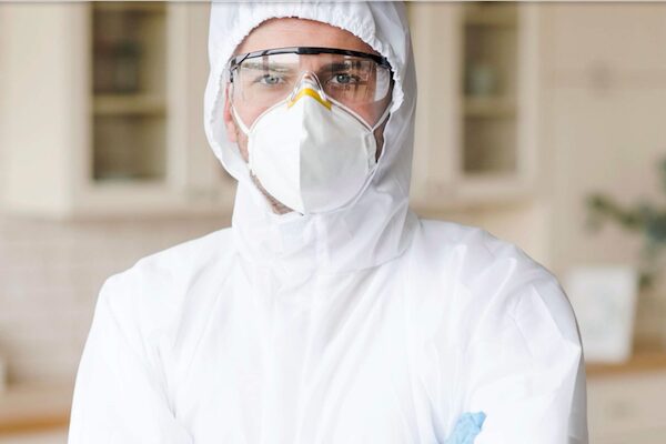 Una persona con equipo de protección completo, que incluye un traje blanco de protección, gafas protectoras y una mascarilla, se encuentra en el interior de una vivienda. El fondo muestra unos armarios de cocina borrosos, que recuerdan a las escenas que suelen aparecer en las actualizaciones de salud del Boletín Médico EuroEspes.