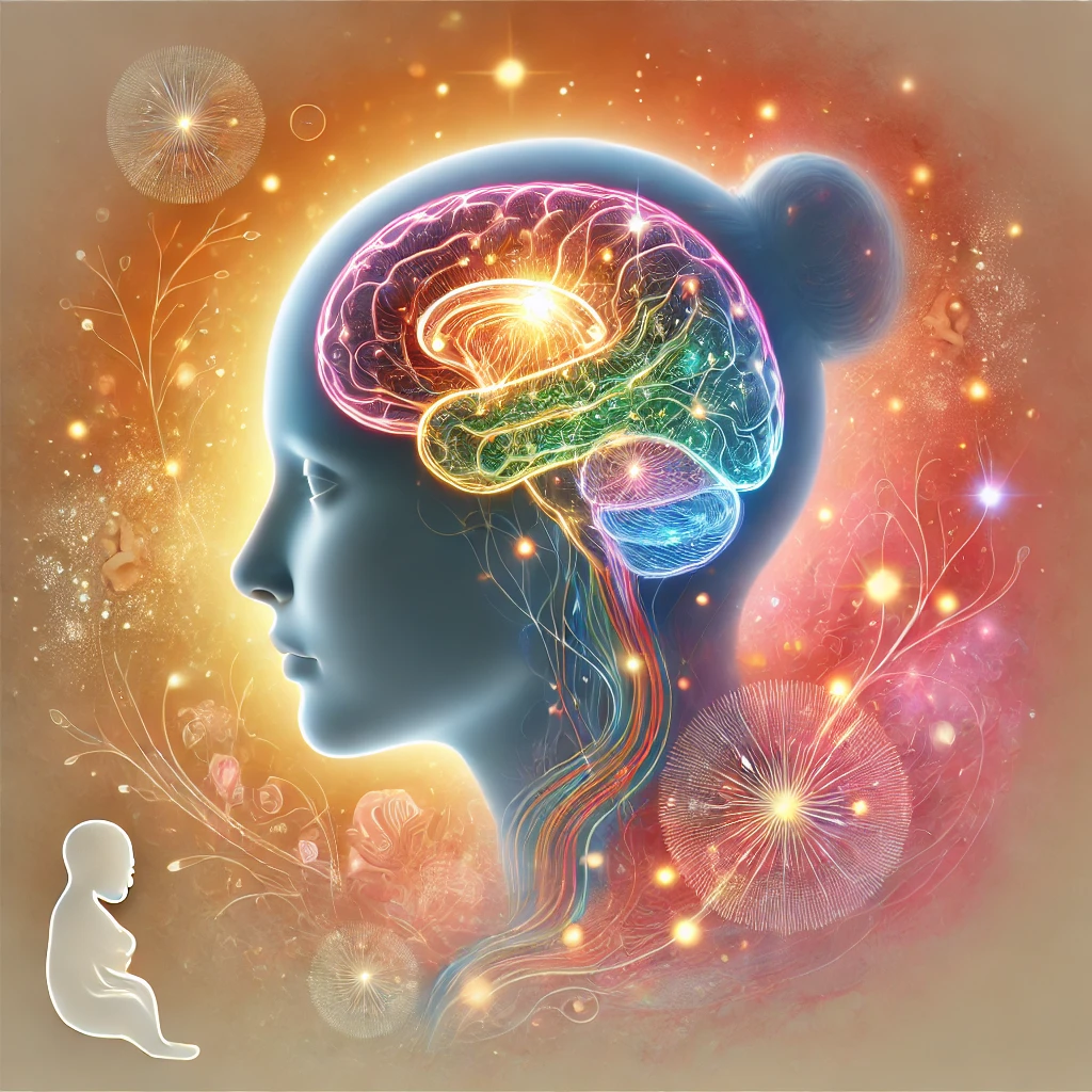 Ilustración colorida de un cerebro humano dentro de una silueta que representa conexiones neuronales. Rodeado de patrones y símbolos abstractos. En la esquina hay una pequeña silueta de un bebé que sugiere el concepto de desarrollo cerebral temprano.