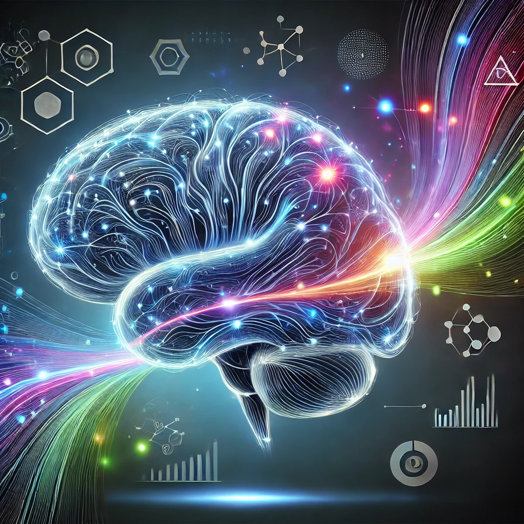 Ilustración de un cerebro digital brillante del que emanan rayas multicolores vibrantes. Alrededor del cerebro hay varios íconos y diagramas científicos que simbolizan la tecnología y la innovación sobre un fondo oscuro.